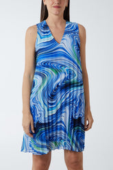 Royal Blue Abstract Swirl Sleeveless Pleated Dress For Women ONE SIZE - Dropwear